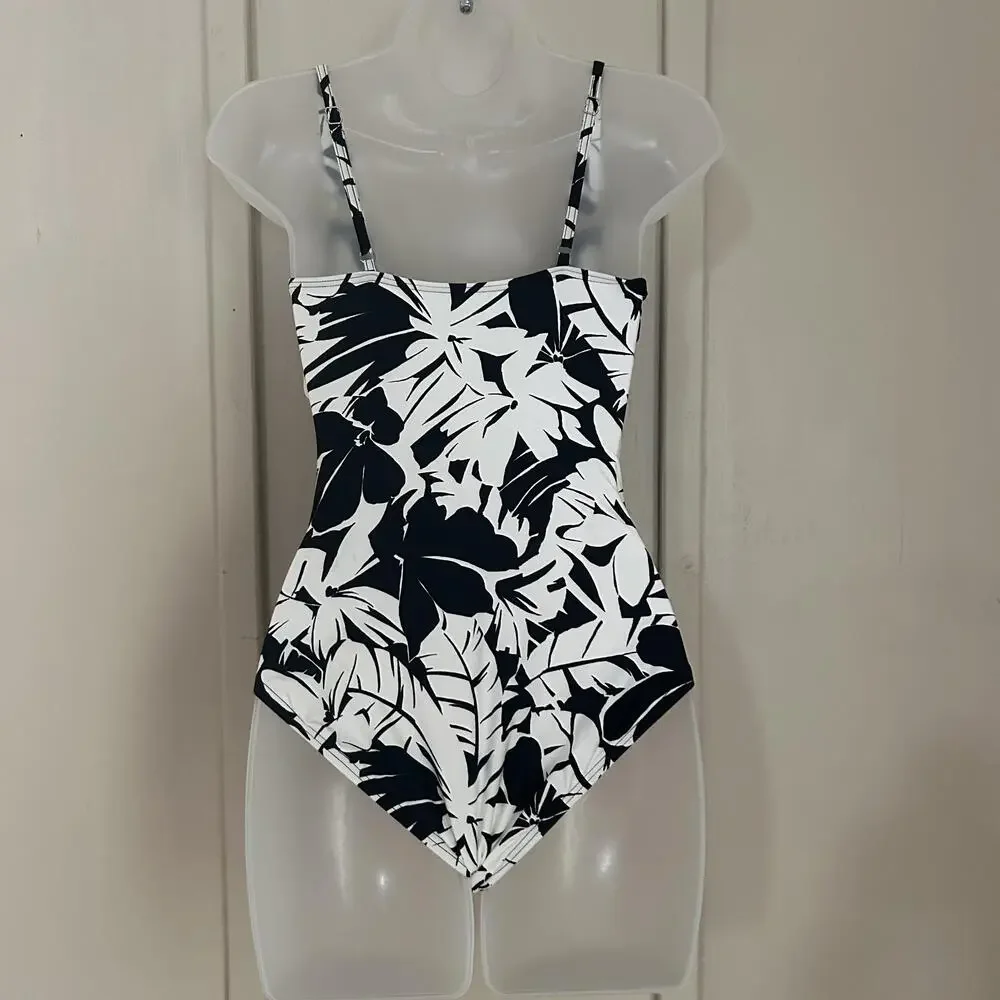 Michael Kors Swimsuit Womens 6 Black White Floral Print One Piece V Neck Ruched